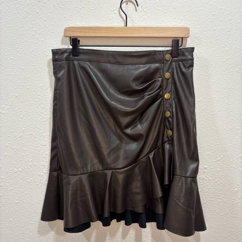 Dark Brown Faux Leather Ruffle Asymmetric Mini Hem Skirt